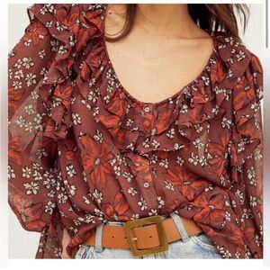 Free People Rusty Brown Floral Peasant Ruffle Scoop Neck Boho Blouse Top Size S